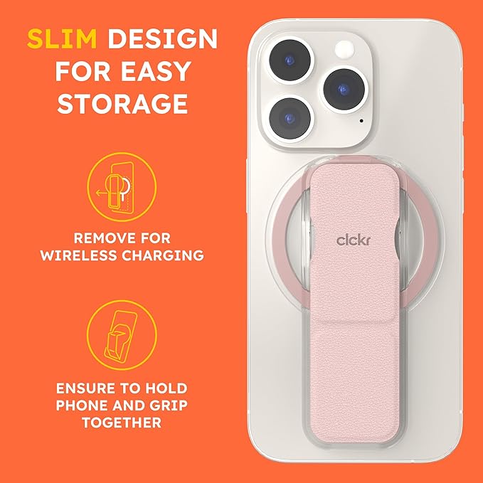 CLCKR Finger Phone Grip for MagSafe Stand, Phone Grip Loop Holder with Kickstand, Magnetic Phone Grip Holder, for iPhone 16/15/14/13/12 Pro Max Plus Series, Clear Pink
