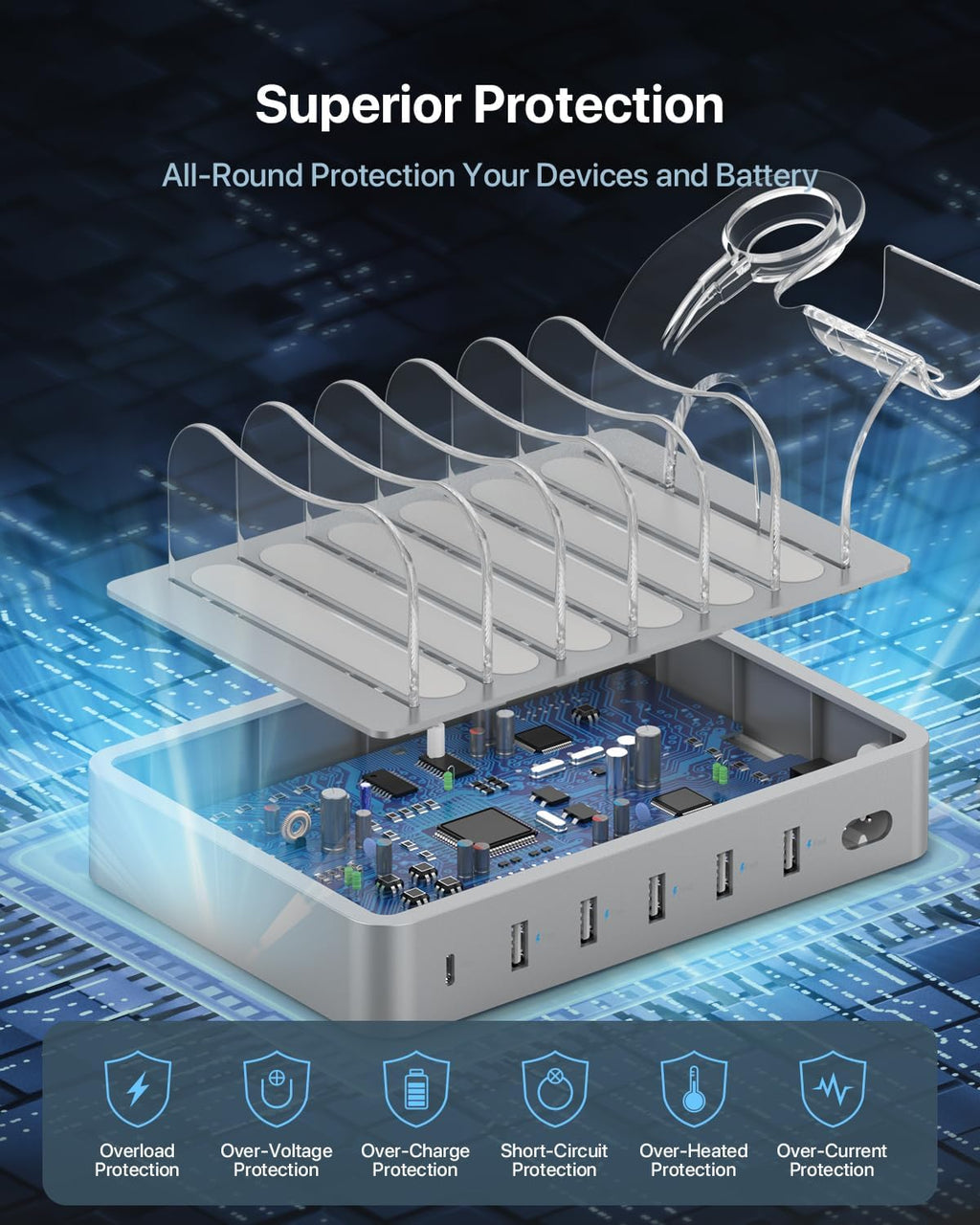 SooPii 60W 6-Port PD Charging Station for Multiple Devices, 20W PD USB C Fast Charging for lPhone 14/13/12,6 Short Cables Included, 2 in 1 Holder,for Phones,Tablets and Others