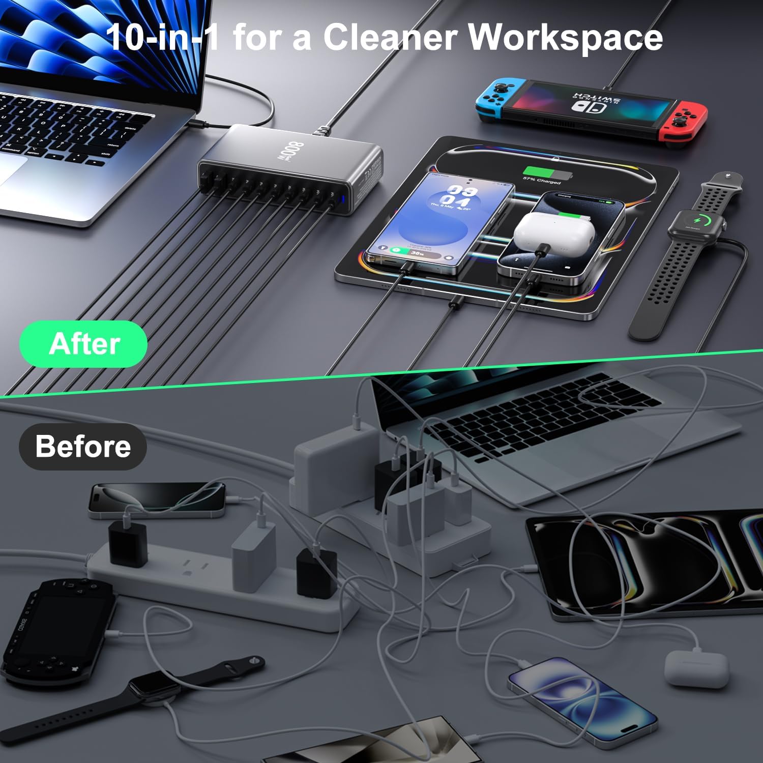 USB C Charger Station 800W GaN USB C Charging Block, 10-Port Fast Charger Hub with Multiple Power Outputs, Compatible with Laptop, MacBook, iPad, iPhone 16/17/15/14/13/Pro Max, Samsung Galaxy S24 S23