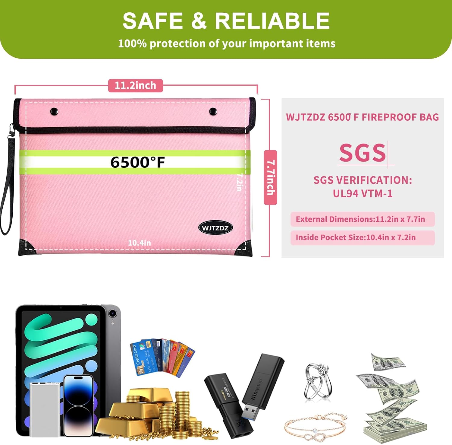 Upgraded Fireproof Money Bag,10 Layers of Heat Insulated Materials,6500F Fireproof,Waterproof Zipper,Reflective Strip,Document Bag with Handle for Cash,Important Documents（Not Suitable for A4 Files）