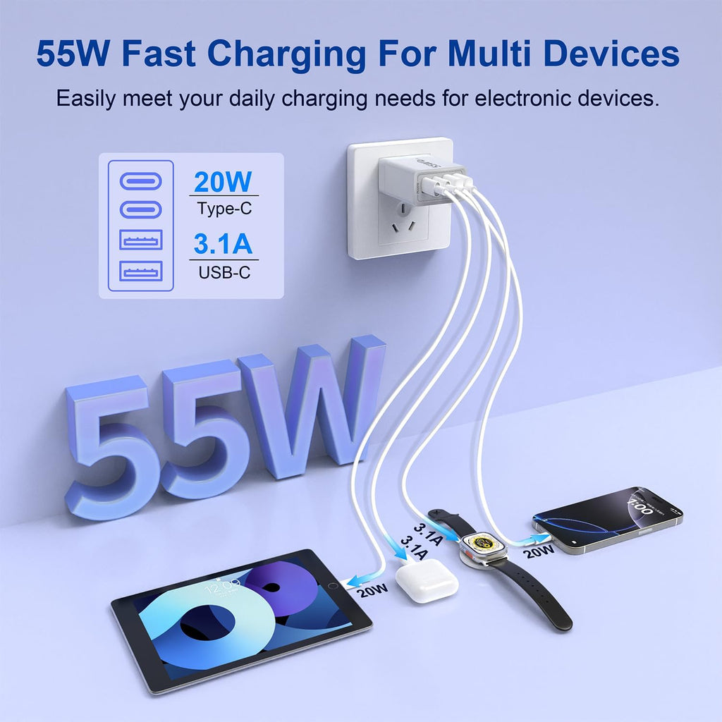 USB C Charger Block, 55W 4-Port USB C Fast Wall Charger Dual Port QC + PD 3.0 Power Adapter, Multiport Type C Charging Cube with Lightning Cable for iPhone 16 15 14 13 12 11 Pro Max XS,Samsung,Tablets