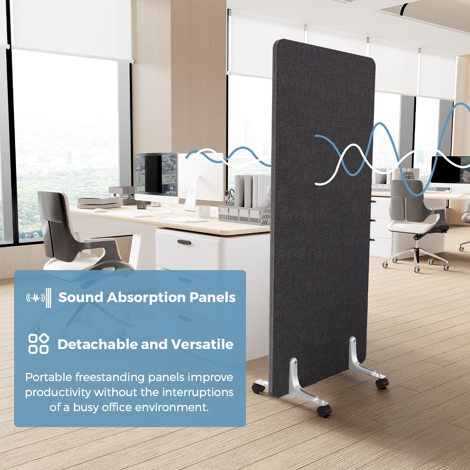 70.8" W x 63" H Freestanding Partition Room Dividers, Acoustic Panels with Wheels, 3 Soundproof Privacy Panels for Office, Reception Room, School, Hospital, Dark Grey