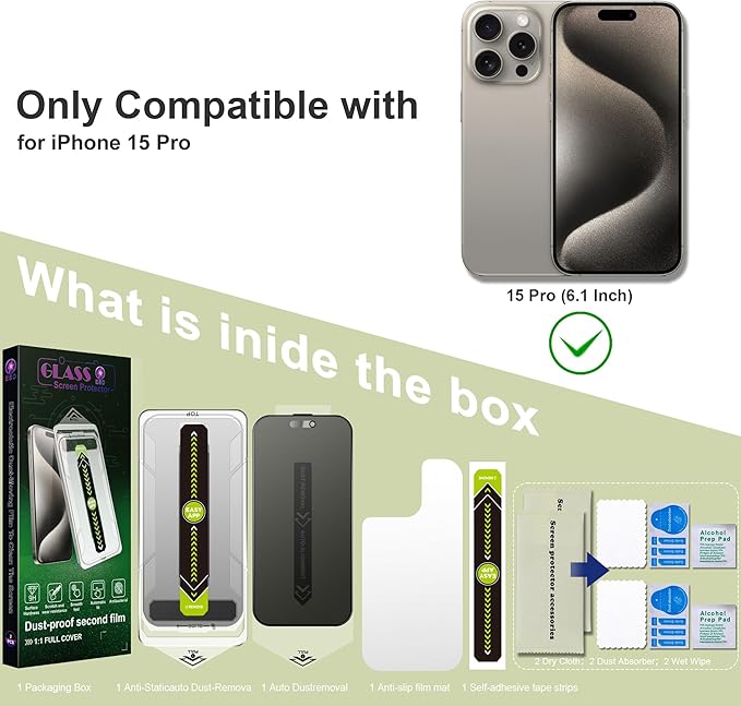 (2-Pack Matte Privacy Anti-Spy Screen Protector for iPhone 15 Pro (6.1-Inch),9H Tempered Glass,Anti-Glare,Full Coverage,Anti-Fingerprint,Auto Dust Removal,Bubble-Free