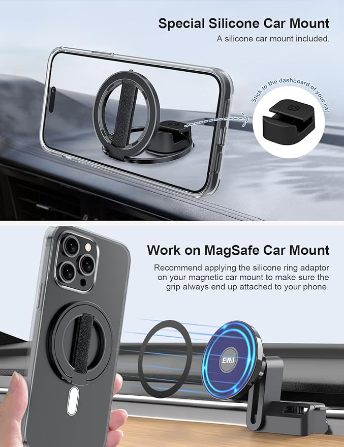 EWA MagOne Ultra Phone Grip Stand with Replaceable Elastic Finger Loop, Removable Magnetic Ring Holder Kickstand Loop, Double-Sided Magnetic Accessories for iPhone 16, 15, 14, 13 Pro/Max/Plus-Black