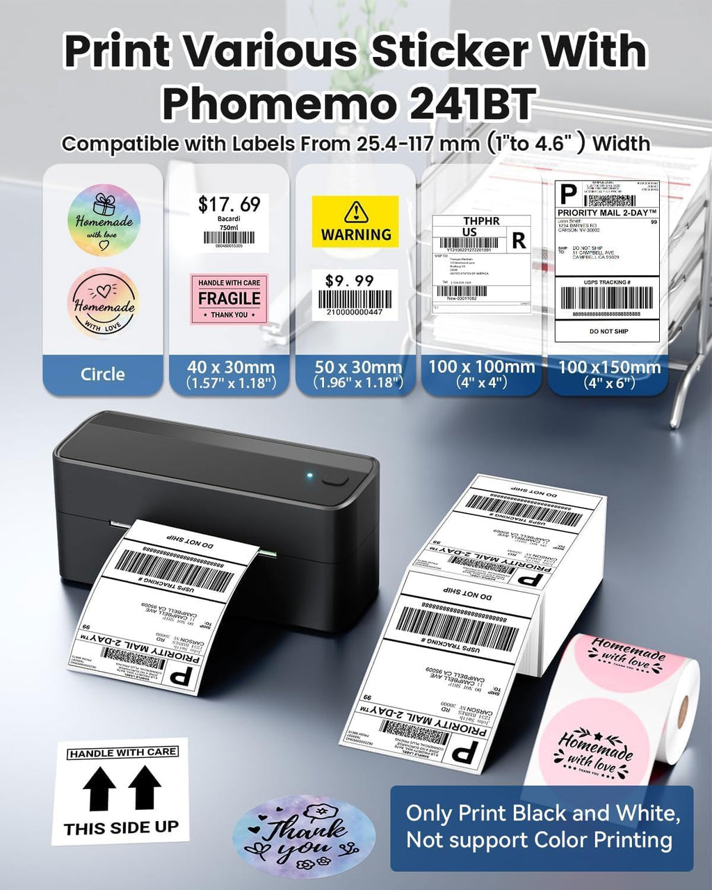 Phomemo Shipping Label Printer, 241BT 4X6 Wireless Thermal Label Printer for Small Business, Labels Printers for Shipping Package, Compatible with iPhone, Android, Amazon, Shopify, UPS, Black