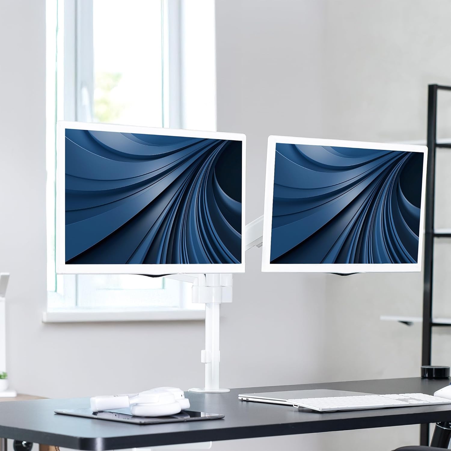 VIVO 17 to 32 inch Dual Pneumatic Monitor Mount, 2 Pneumatic Arms, Adjustable Swivel, Rotation, Heavy Duty VESA Desk Stand with C-clamp, Grommet, Max VESA 100x100, White, STAND-V002KW