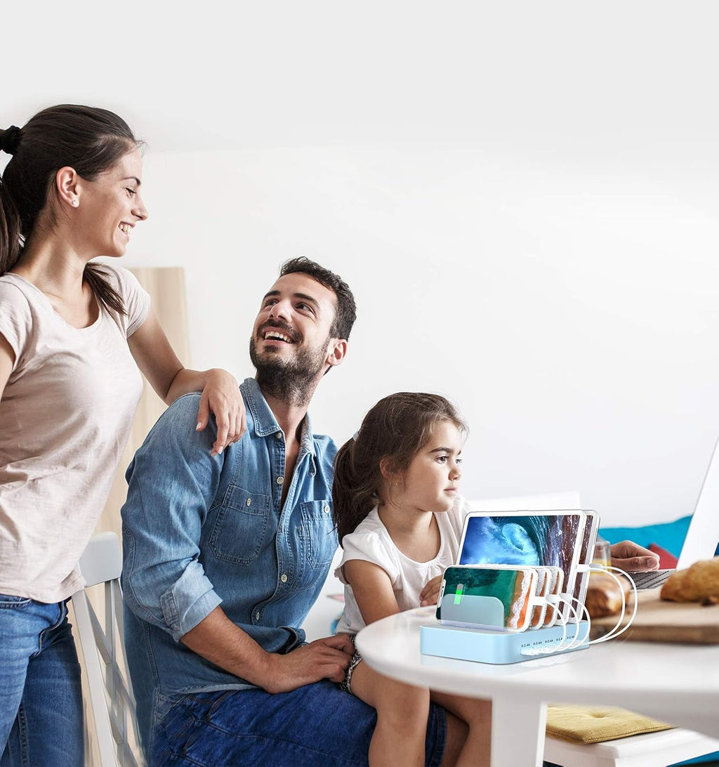 MSTJRY Charging Station for Multiple Devices : 5 Port Multi USB-A Charger Stations Multi-Device Organizer Charging Dock Designed for iPhone iPad Cell Phone Tablets (7 Short Cables Included), Blue