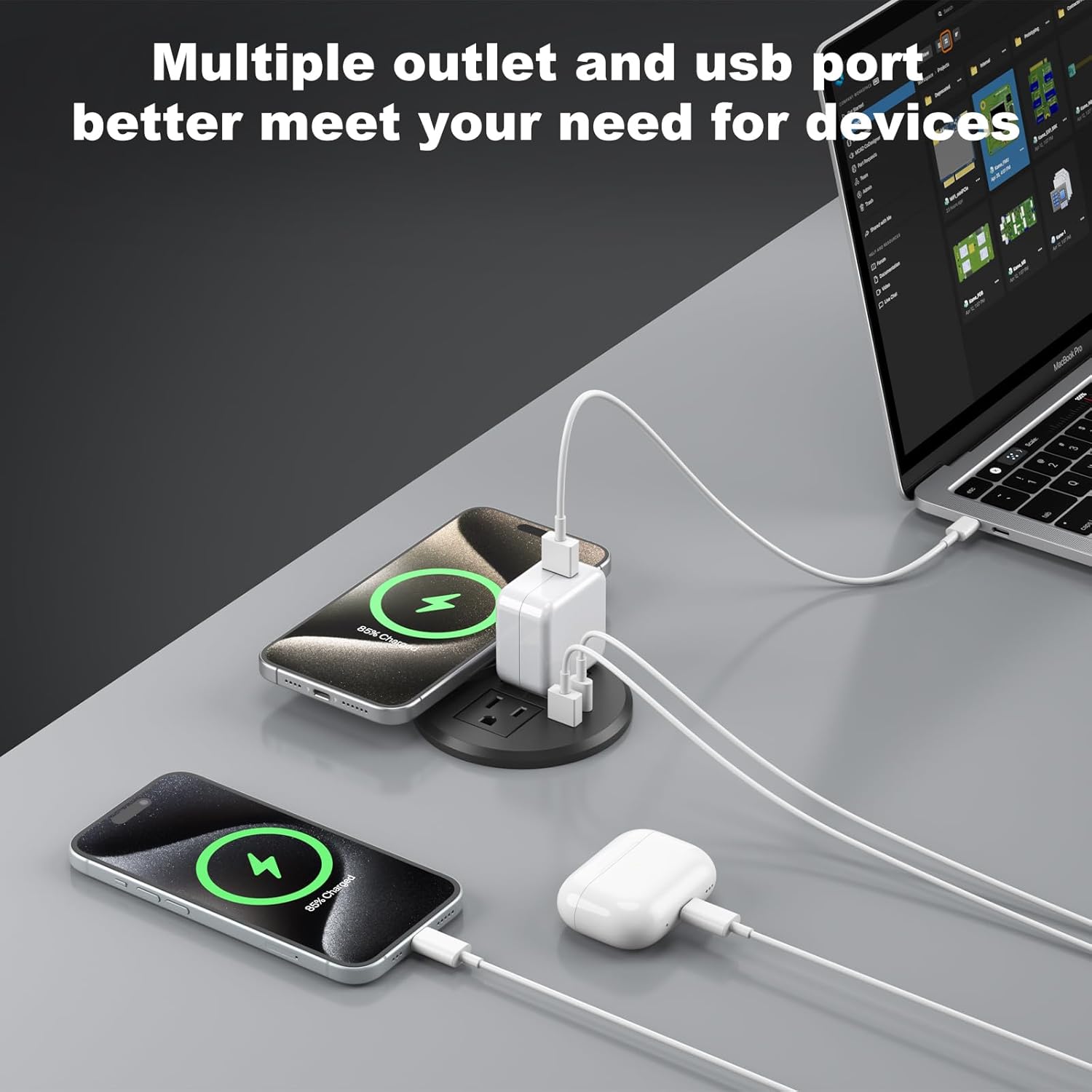 3 Inch Desk Power Grommet with 15W Wireless Charger, 20W USB-C Fast Charging Countertop Grommet Recessed Mount Power Outlet, with AC Outlets and 6ft Extension Cord