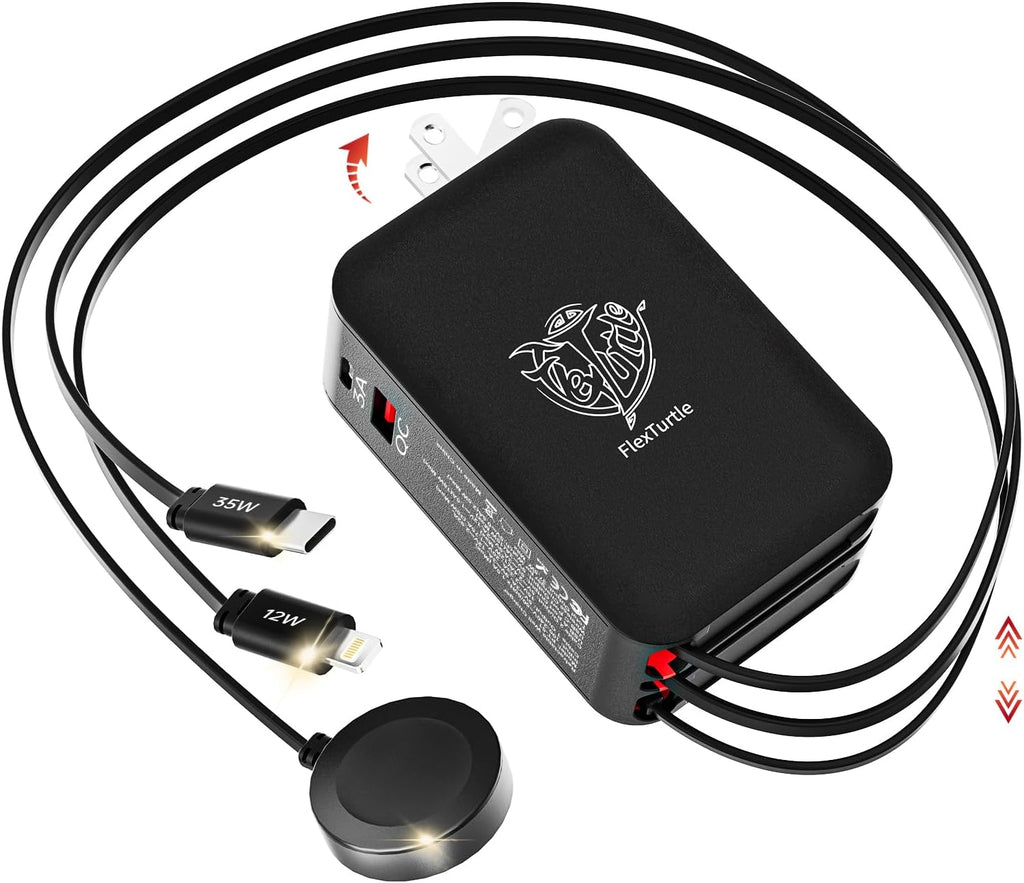 Apple Watch Charger Travel Essentials, 5 in 1 Travel Charging Station for Apple Devices, Retractable Wall Charger with 3*3.2ft Retractable Cables, Fast Charger Block for Apple Gear (Black)