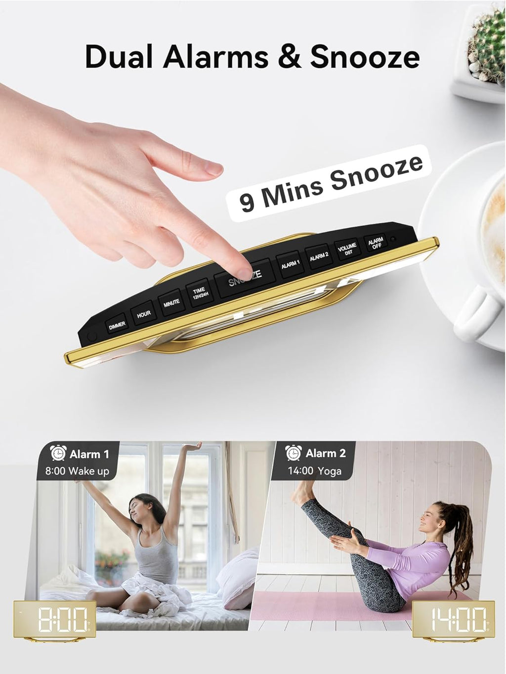 Digital Alarm Clock for Bedrooms, Slim LED Desk Clock with Gold Mirror Finish, 7 Levels Brightness, Dual USB Ports, Snooze, 12/24H, 8.7" Large Display Modern Bedside Clock for Home Office Decor