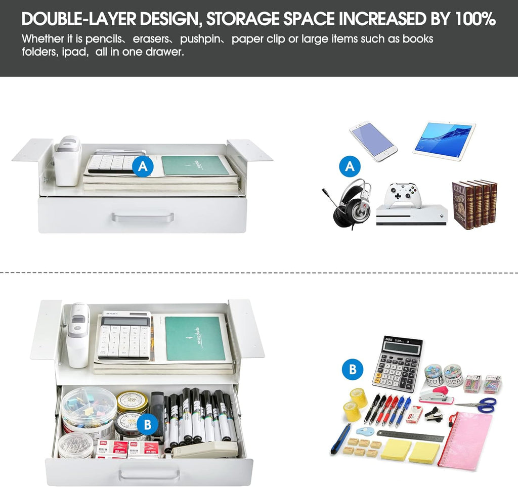 GOME White Under Desk Drawer Storage with Laptop/Book/Folders Shelf, Double Layer Easy Slide-Out Undermount Drawer Organizer with Ball Sliding Track for Home Office Sit-Stand Workstation