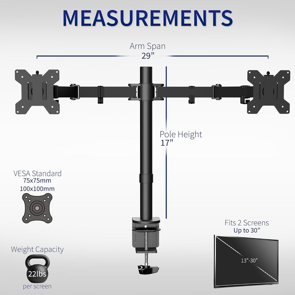 VIVO Dual Monitor Desk Mount, Holds 2 Computer Screens up to 30 inches and 22lbs Each, Heavy Duty Fully Adjustable Steel Stand with C-Clamp and Grommet, Black, STAND-V002