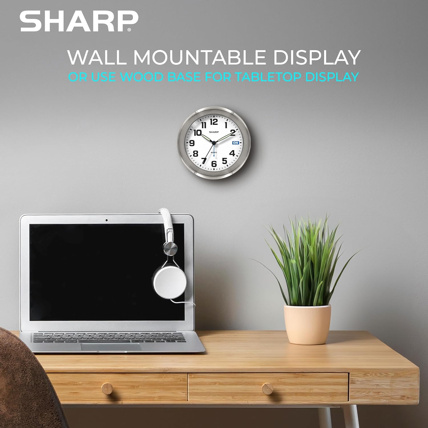 Sharp Silent Sweep Quartz Analog Alarm Clock with Alarm Status Indicator on Dial, Brushed Metal Clock with Genuine Wood Stand