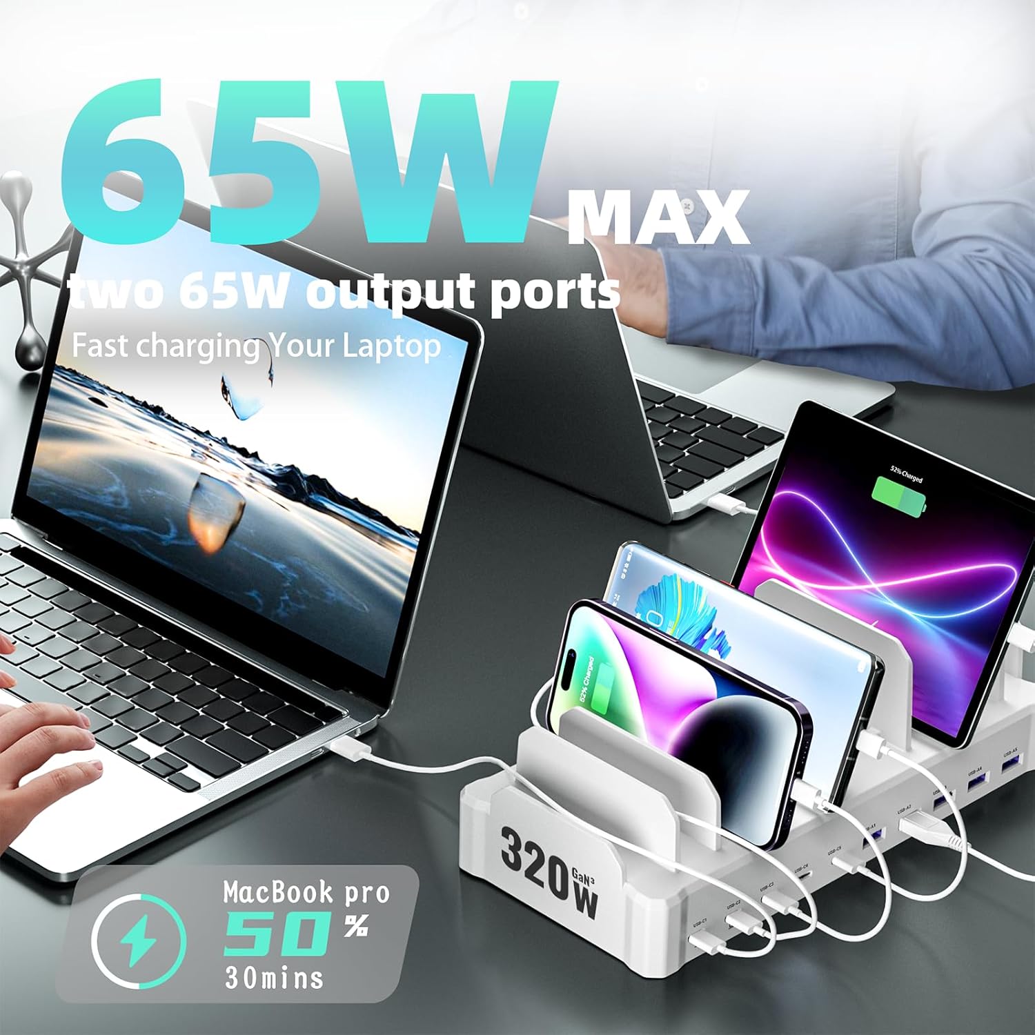 320W Charging Station for Multiple Devices, Zobirez 10-Port USB C Fast Charger Stations for MacBook, iPhone, Android Cell Phone, iPad, Tablet, Family Multi-Device Organizer Charging Dock, White