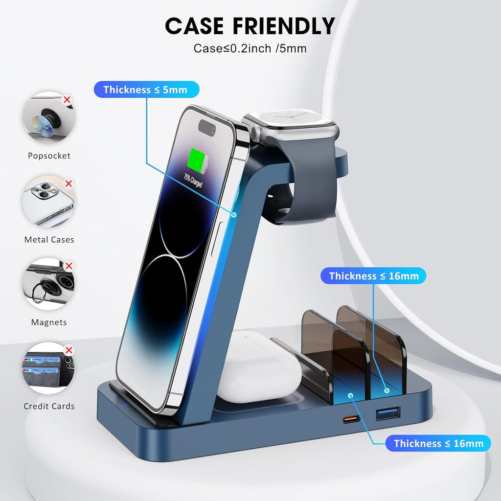 Wireless Charger for iPhone - 5 in 1 Charging Station for Multiple Devices Apple: Fast Wireless Charging Stand Dock for iPhone 17 16e 16 15 14 13 12 Pro Max Apple Watch Airpods(Blue)