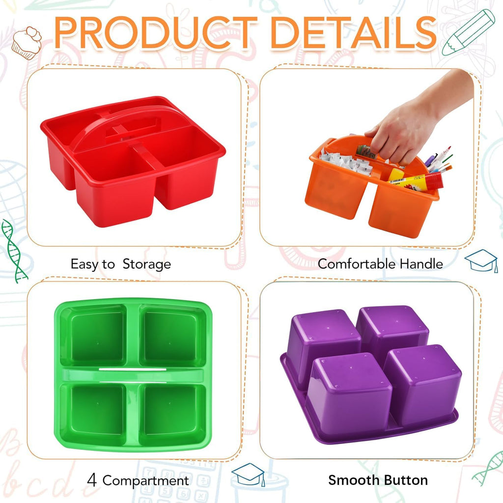 6-Pack Plastic Classroom Caddy Organizer with Handle,Four-Equal-Compartment, Teacher Supply Storage Caddy for Classroom Organization, Table, Desk, Office, Craft Art for Kids - Colorful