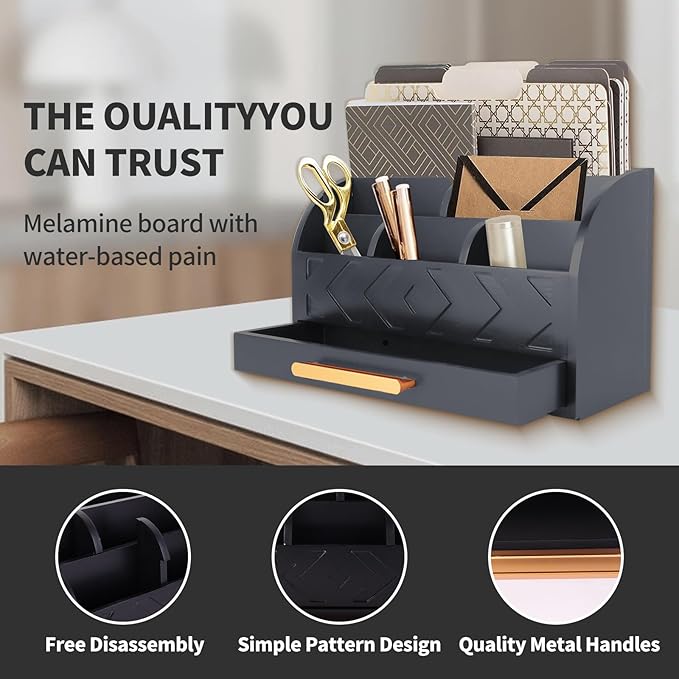 Wooden Desk Organizer Mail Organizer Countertop, Desktop Organizer Mail Sorter Mail Holder Bill Organizer for Desk, Desk Organizers and Accessories for Women (Black)