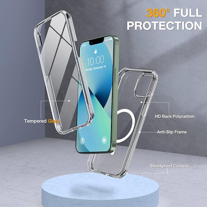 Miracase Glass Series Designed for iPhone 13 Case 6.1 inch, 2023 Upgrade Full-Body Magnetic Clear Case with Built-in 9H Tempered Glass Screen Protector,Compatible with MagSafe,Clear
