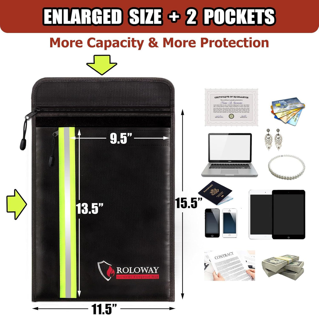 ROLOWAY Fireproof Document Bag (15.5 x 11.5 inch) with 2 Pockets and 5200℉ Aluminum Foil Layer, Fireproof Bag for Document Safe (Black)