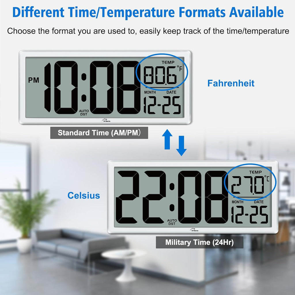 WallarGe Backlight Digital Wall Clock Battery Operated - with Temperature and Date 14.5'' Large Digital Wall Clock, Easy to Read and Set, Auto DST