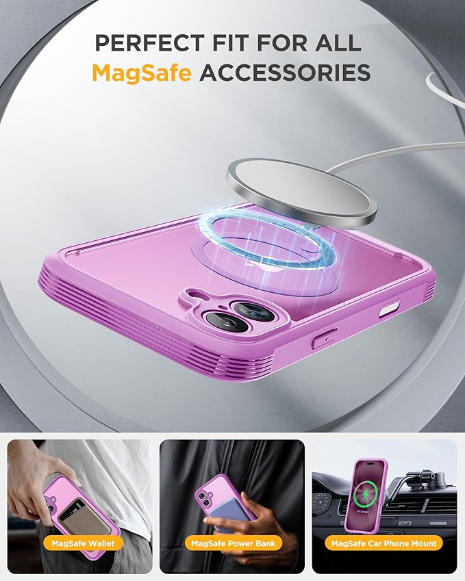 Miracase Magnetic for iPhone 16 Plus Case Full-Body Phone with Built-in Glass Screen Protector, [Compatible with MagSafe] Military Drop Proof 16 Plus Cover Bumper 6.7 inch, Pink