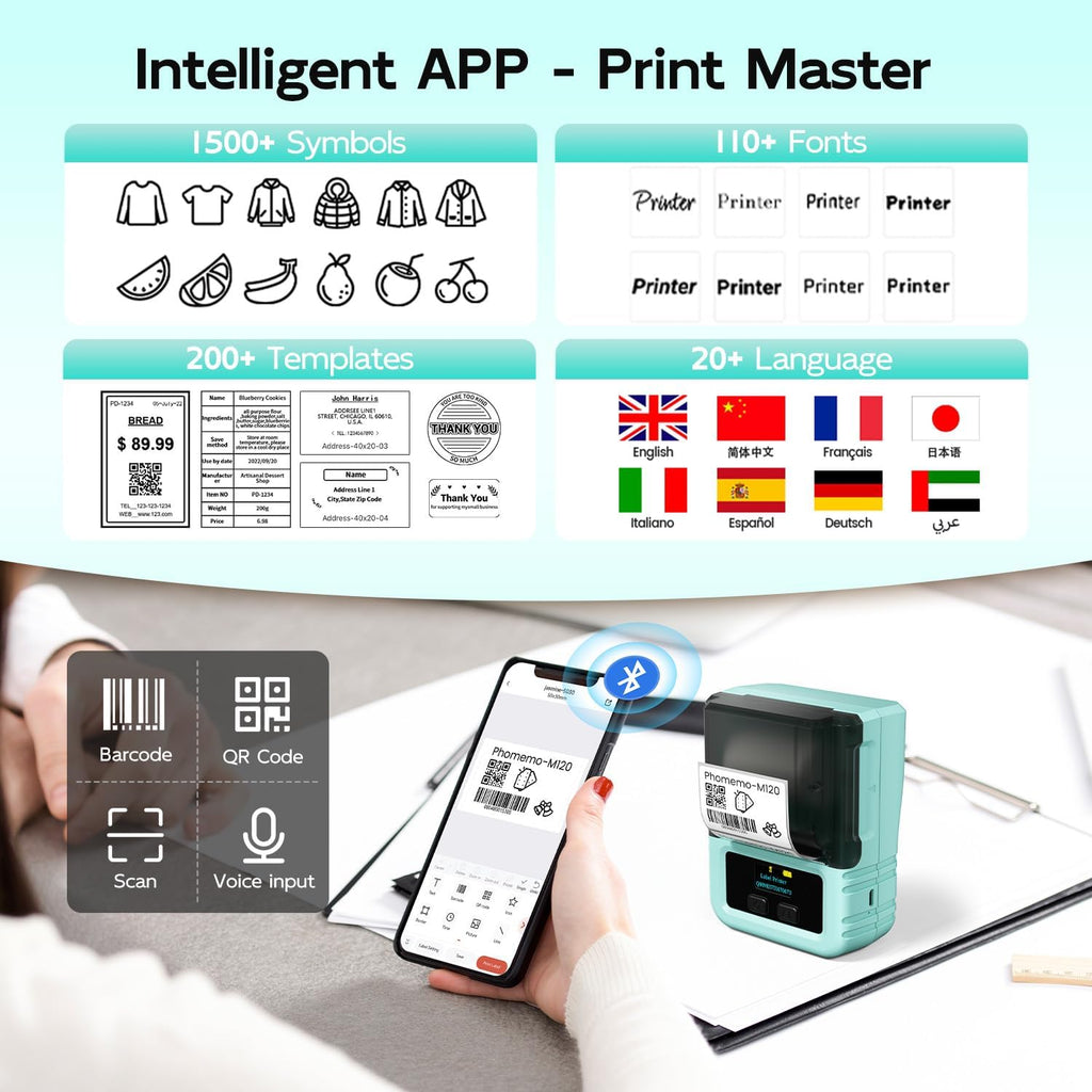 Phomemo M120 Label Maker Machine with Tape, 2 Inch Bluetooth Label Printer for Small Bussiness, Office, Home, School, Barcode Label Maker with Versatile App with 1000+Icons and 100 Fonts, Green