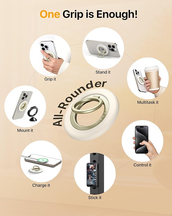 andobil [2025 Upgraded] Double-sided Magnetic Phone Grip for MagSafe [Sability Max] Strong Magnetic Phone Ring Holder Compatible with MagSafe Accessories, iPhone 16 Plus 15 14 13 12 Pro Max Mini White