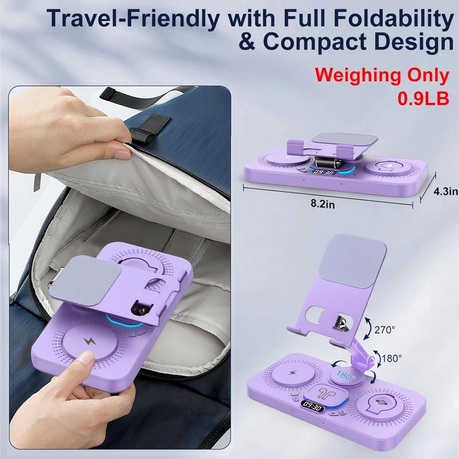 30W Charging Station for Apple Products, Foldable Wireless Charger with Clock Display&7 Color Light, Wired Charging for iPad/Tablet Charging Station for iPhone17, for Apple Watch10 for AirPods4(Purple