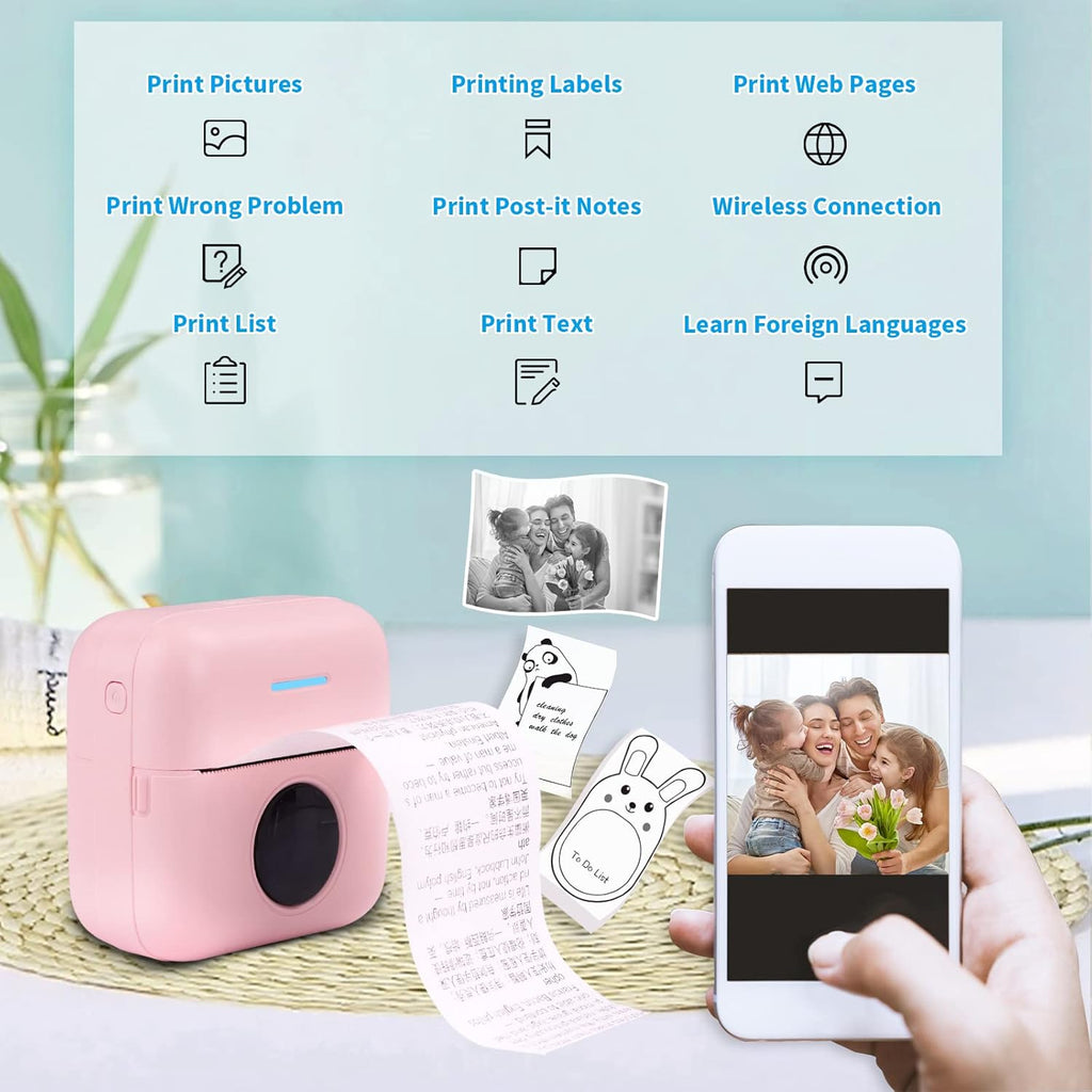 HuiJuKeJi Mini Sticker Printer Bluetooth Smart Pocket Inkless Thermal Printer with 11 Rolls Thermal Paper and Sticker for iOS&Android, Portable Receipt Printer for Photo Journal Notes Memo