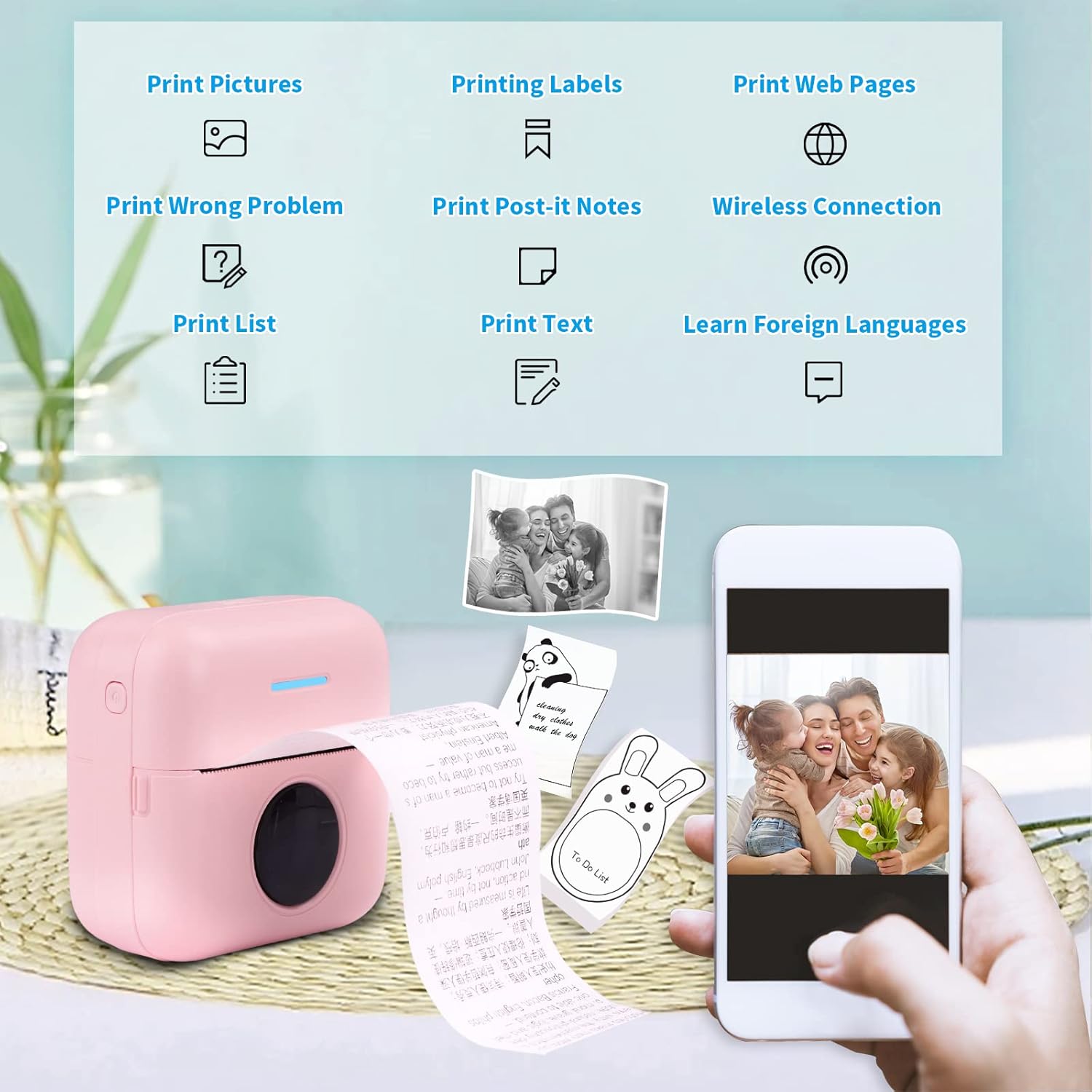 HuiJuKeJi Mini Sticker Printer Bluetooth Smart Pocket Inkless Thermal Printer with 11 Rolls Thermal Paper and Sticker for iOS&Android, Portable Receipt Printer for Photo Journal Notes Memo