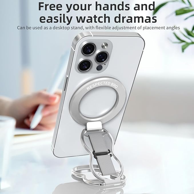 RESPECTED-BRO-Magnetic-Phone-Grip-Stand-with-Finger-Strap, 4-in-1 Magnetic Ring Holder, Kickstand and Elastic Strap for Smartphones, Universal Fit for iPhone, Android, and Cases (Silver)