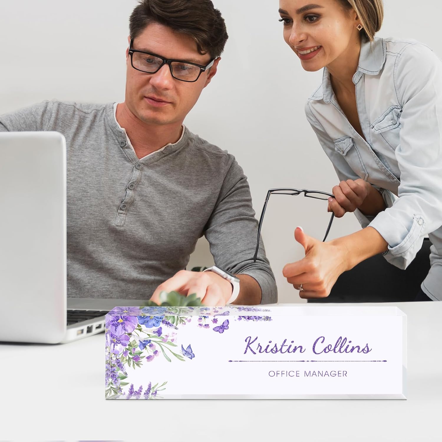 Custom Name Plate for Desk, Acrylic Office Decor For Women Men, Personalized Office Desk Accessories, Teacher Employee Appreciation Gifts For Social Worker Boss Coworkers (Morning Glory)