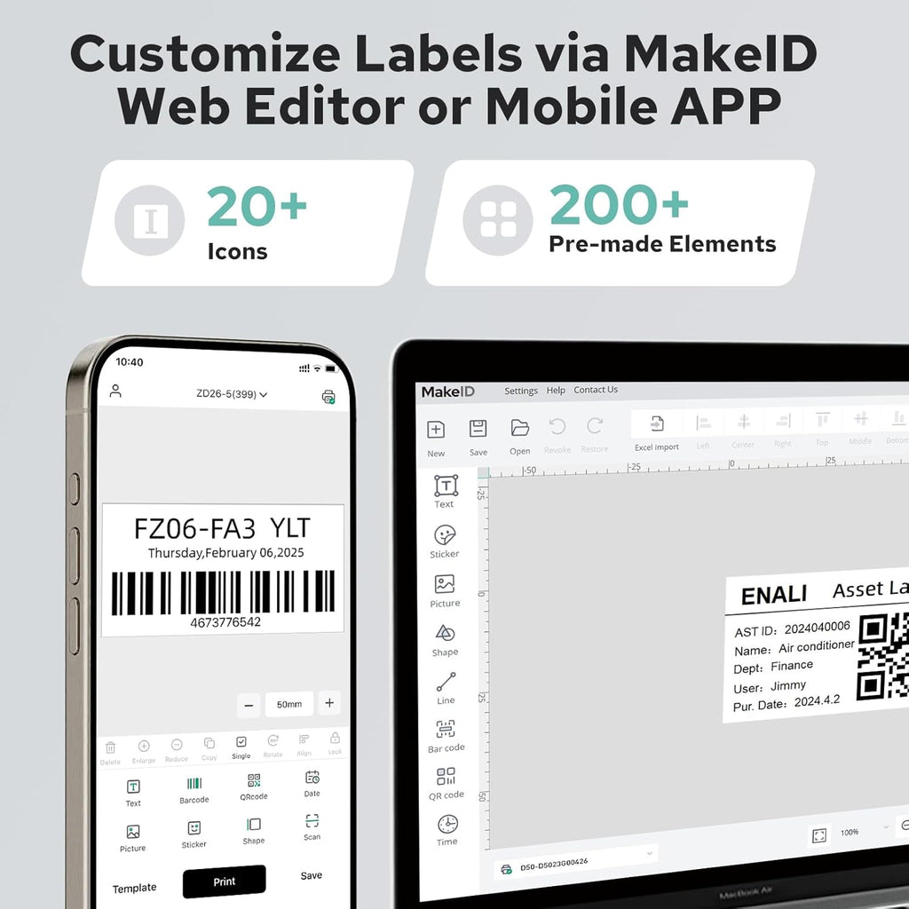 Makeid D50 Industrial Label Printer, Desktop Label Maker 2" Print Head, Mobile APP & PC Editor Compatible, 2600mAh Li-ion Battery, Come with 1.97" W x 26.24ft L Label Heavy-Duty Labeler for Job Sites