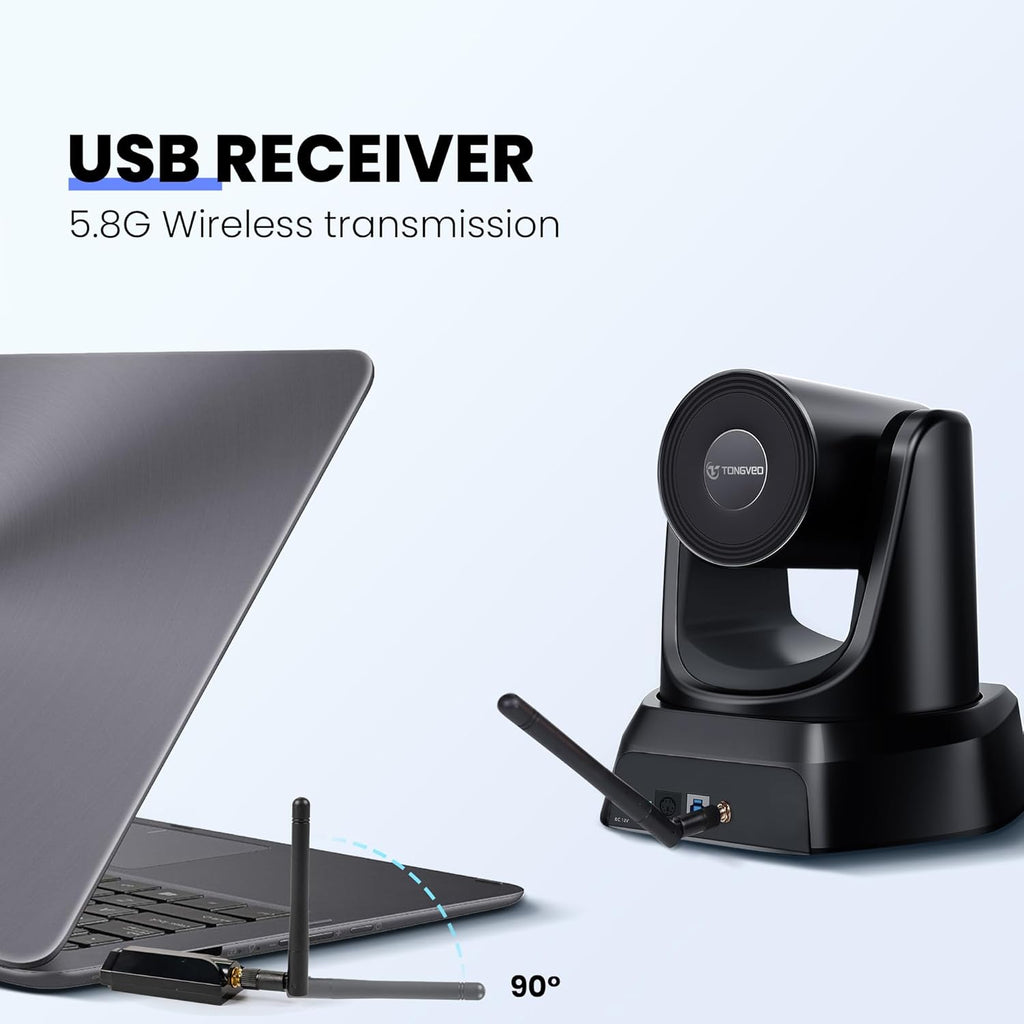 5.8GHz Wireless Conference Room Camera System | 3X 60fps PTZ Camera with Bluetooth Microphone, 50ft Range, Compatible with Zoom, OBS - Easy Setup for Worship and Online Meetings