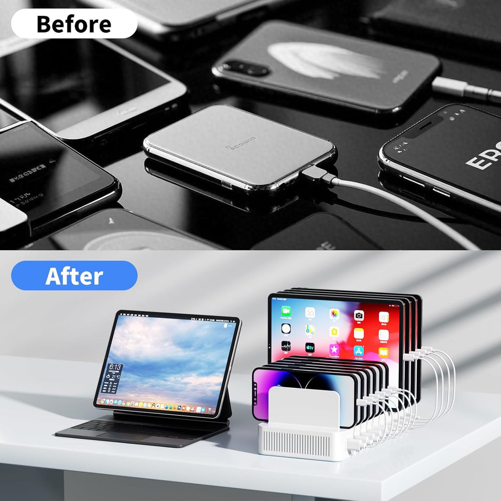 60W Charging Station for Multiple Devices, 10-Port USB Fast Charging Station with Adjustable Dividers - Device Organizer Charging Dock for iPhone, Android, iPad, Tablets & More