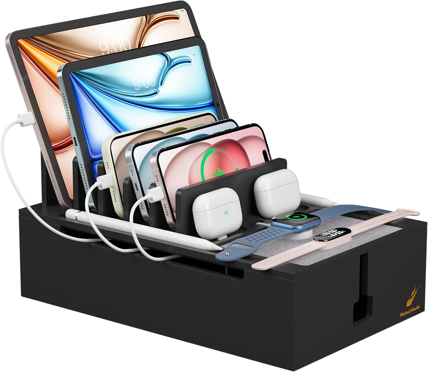 Pezin & Hulin Bamboo Charging Station, Electronic Devices Organizer for Multiple Devices Charger Such As Cell Phone, Tablet, Watch and More, Blackl, (No USB Charger and Cables