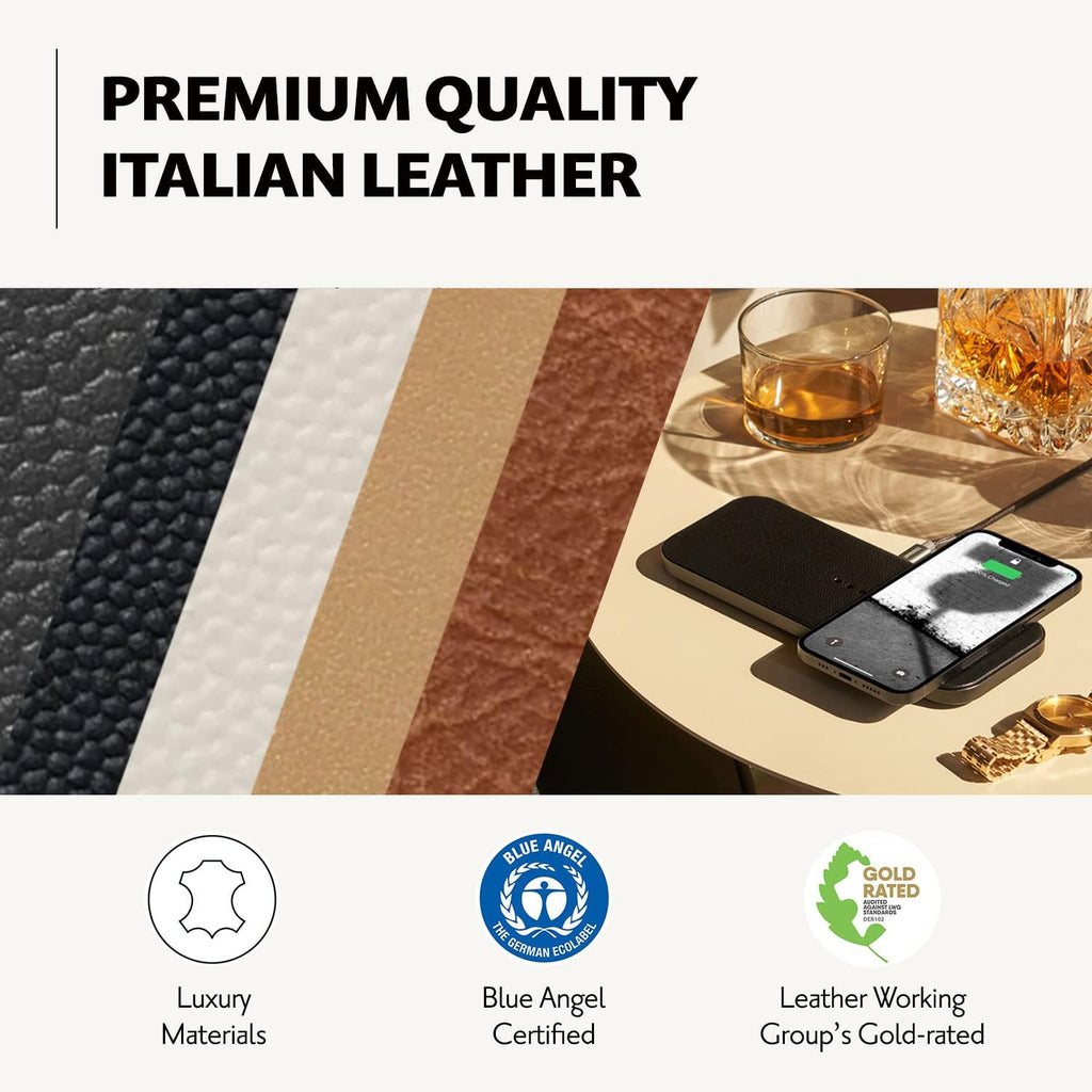 Courant Catch:2 Classics - Italian Leather Dual Wireless Charging Pad - Compatible with iPhone 11, X, SE, Galaxy S23, S22, S21, S20, Note, AirPods, AirPods Pro (Saddle)