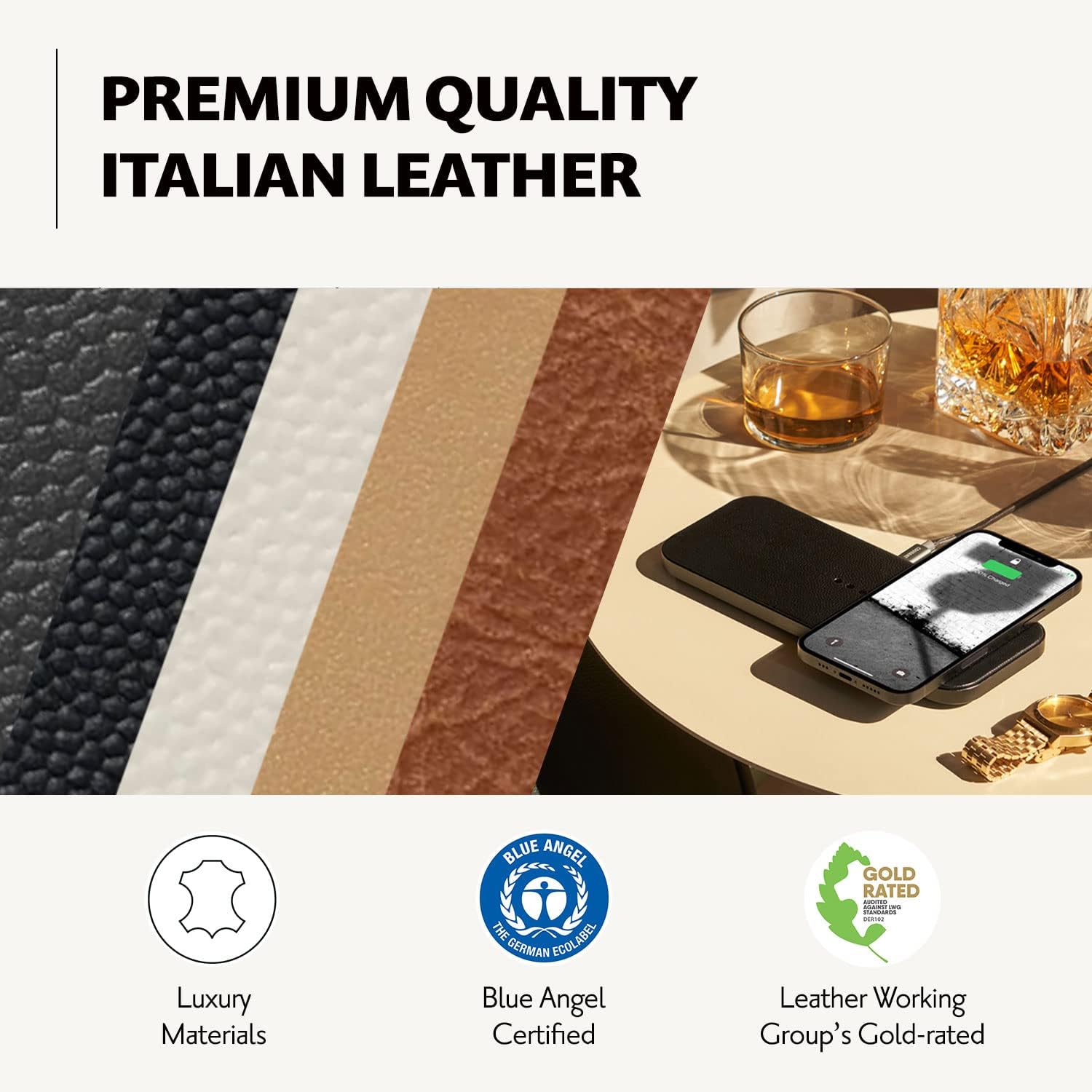 Courant Catch:2 Classics - Italian Leather Dual Wireless Charging Pad - Compatible with iPhone 11, X, SE, Galaxy S23, S22, S21, S20, Note, AirPods, AirPods Pro (Saddle)