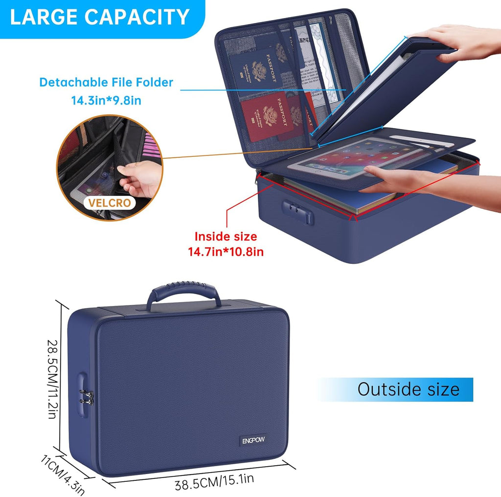 ENGPOW 5200℉ Fireproof File Organizer Bag with 13 Pocket Accordion File Folder,Document Organizer Box with Lock&Labels,Multi-Layer Portable Home Travel Safe Storage Box for Important Documents,Blue