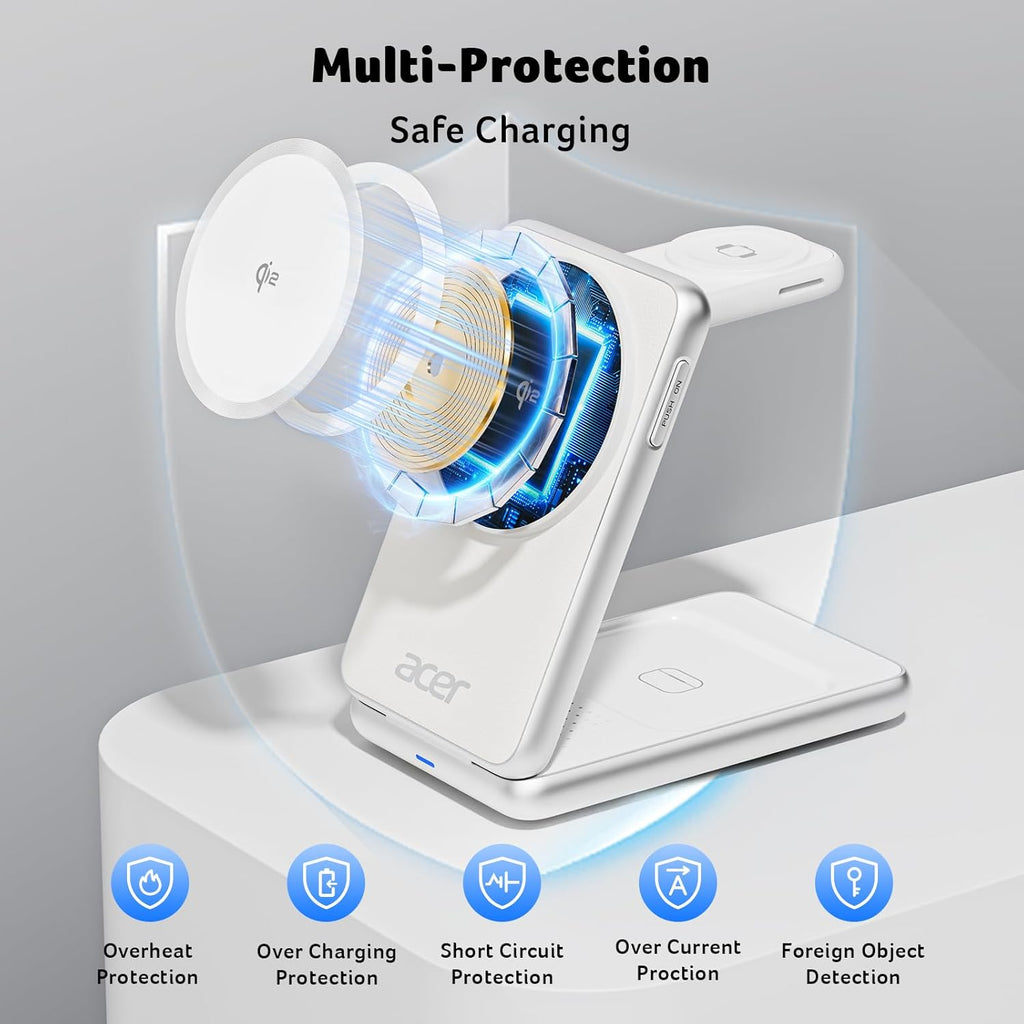 Acer Magnetic Wireless Charger, 3 in 1 Wireless Charging Station, 15W Fast MagSafe Charger for iPhone 16 15 14 13 12 Series -Apple Watch 10 9 8 7 6 5 4 3 2 SE and Ultra Series-Airpods 4 3 2 Pro Series