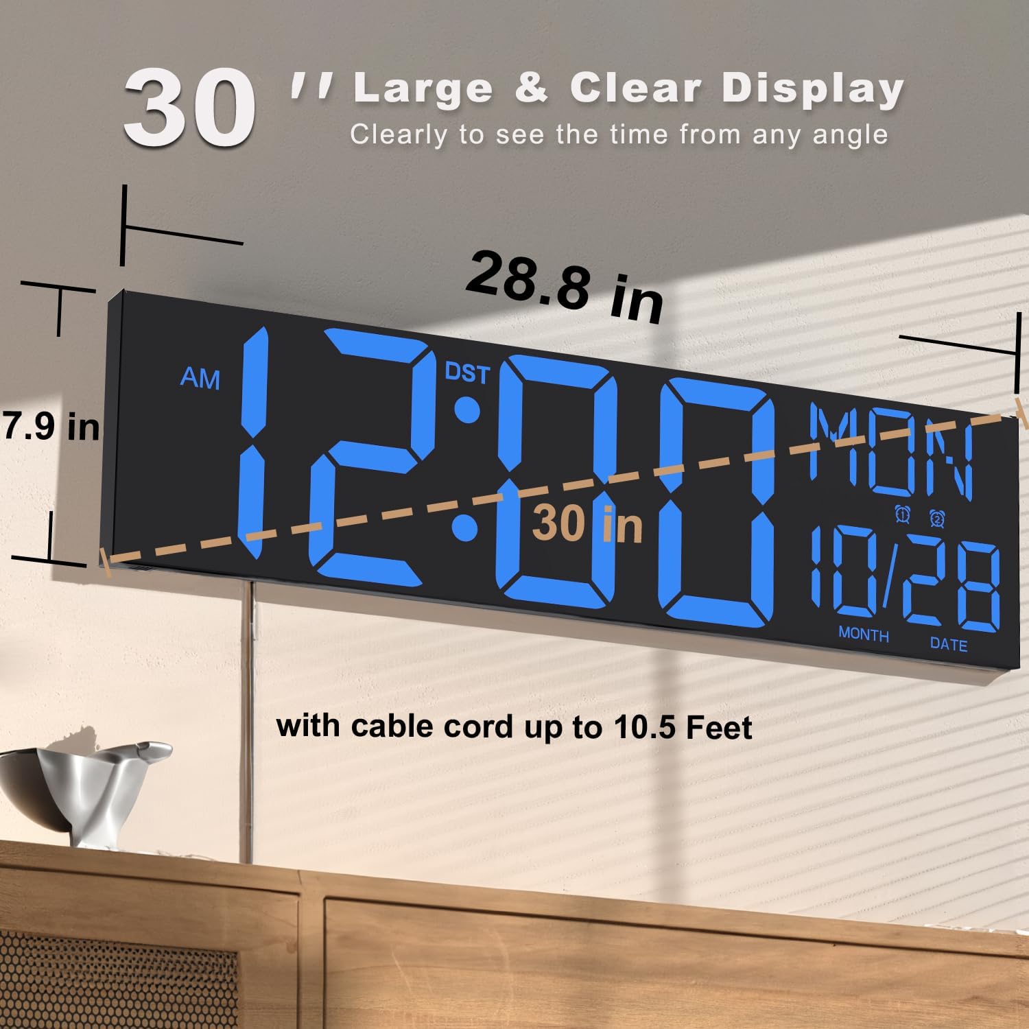 JALL 30" Large Digital Wall Mount Clock with Remote Control, Alarm, Big LED, Countdown, Auto DST, Temperature for Living Room Classroom Desk, Xmas, Birthday Gift for Senior Men Women Mom Dad, Blue
