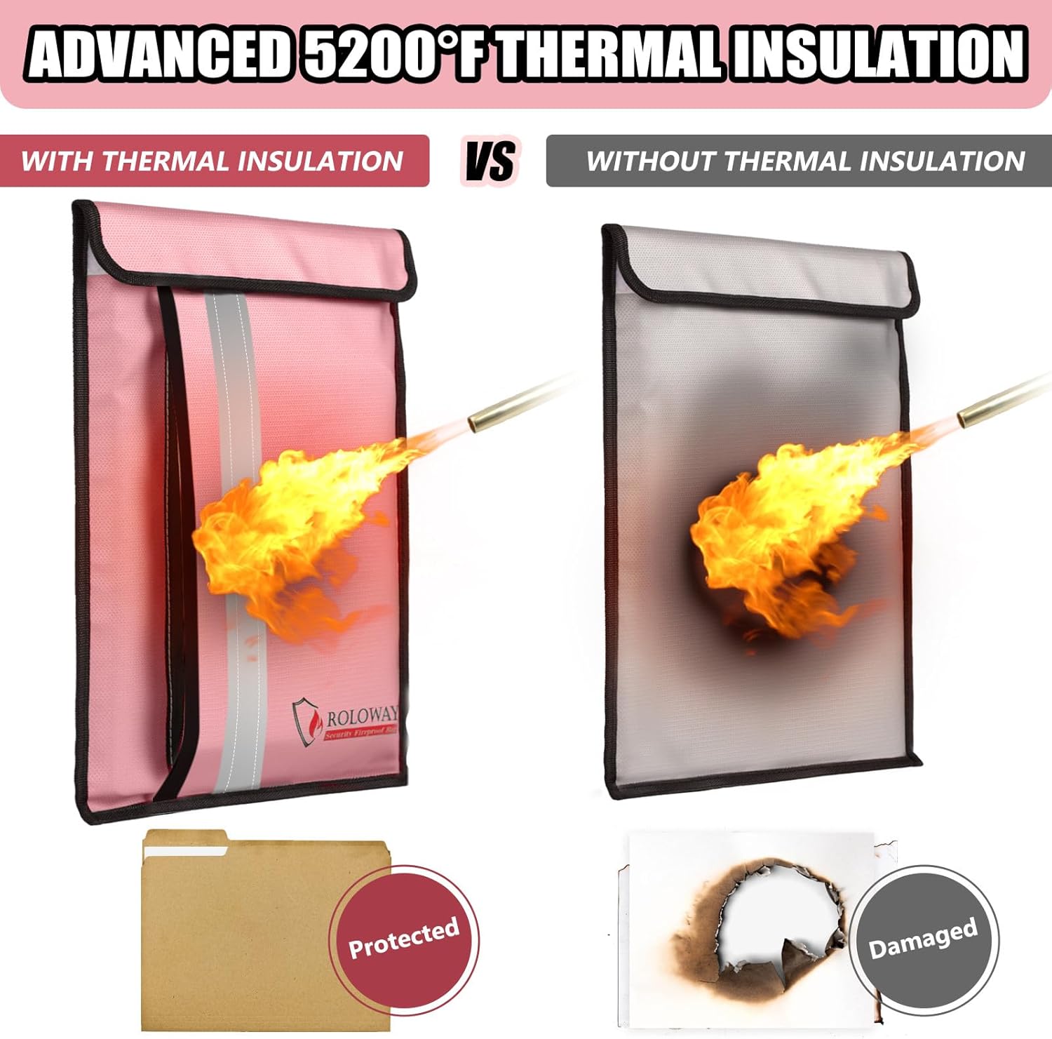 ROLOWAY Fireproof Document Bag (15.5 x 11.5 inch) with 2 Pockets and 5200℉ Aluminum Foil Layer, Fireproof Bag for Document Safe Fireproof Document Bag, Fireproof Money Bag (Pink)