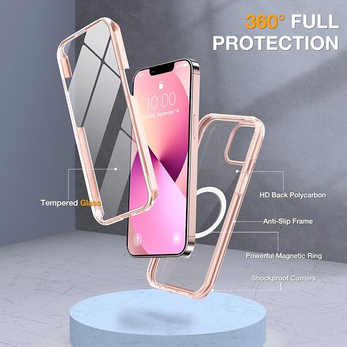Miracase for iPhone 13 Case 6.1'', [Bubble Free] Full-Body Bumper Phone case with Built-in Full Glass Screen,No Gap,Compatible with MagSafe,Clear Pink