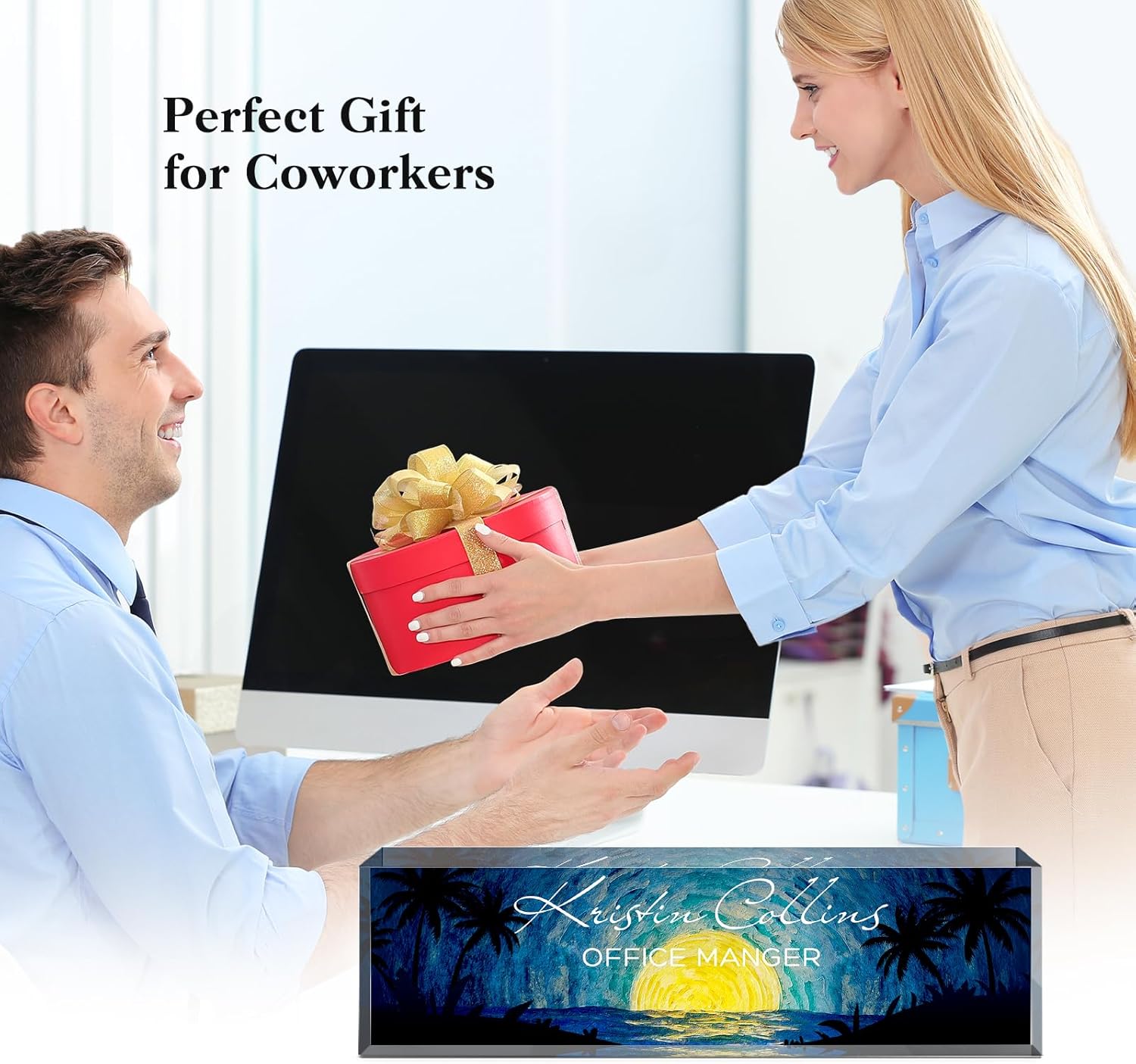 Custom Name Plate for Desk, Acrylic Office Decor For Women Men, Personalized Office Desk Accessories, Teacher Employee Appreciation Gifts For Social Worker Boss Coworkers (Moon)