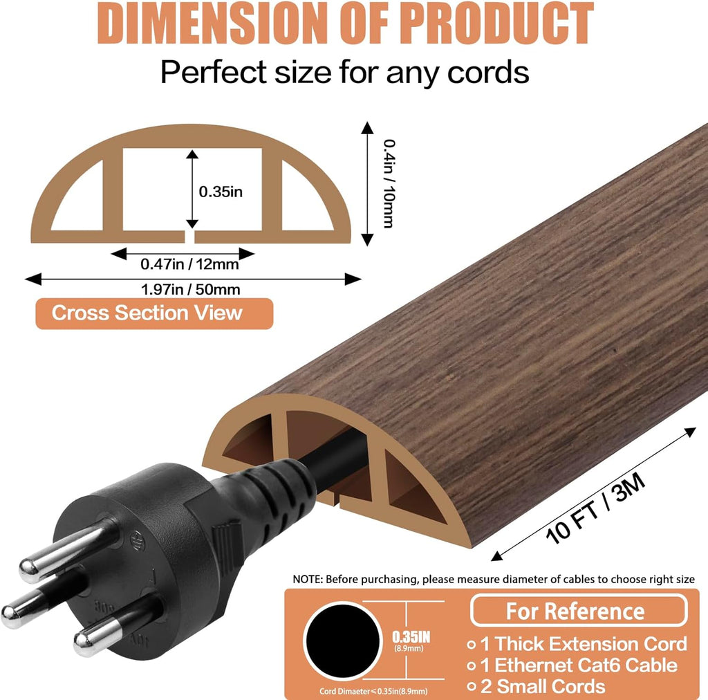Floor Cord Cover Cable Cavity Self Adhesive Cord Hider Floor 10FT Floor Cable Management Power Cord Protector Floor Electric Cord Covers for Offices, Gym, Exhibitions (Misty Brown Wood, 1.97" x 10')