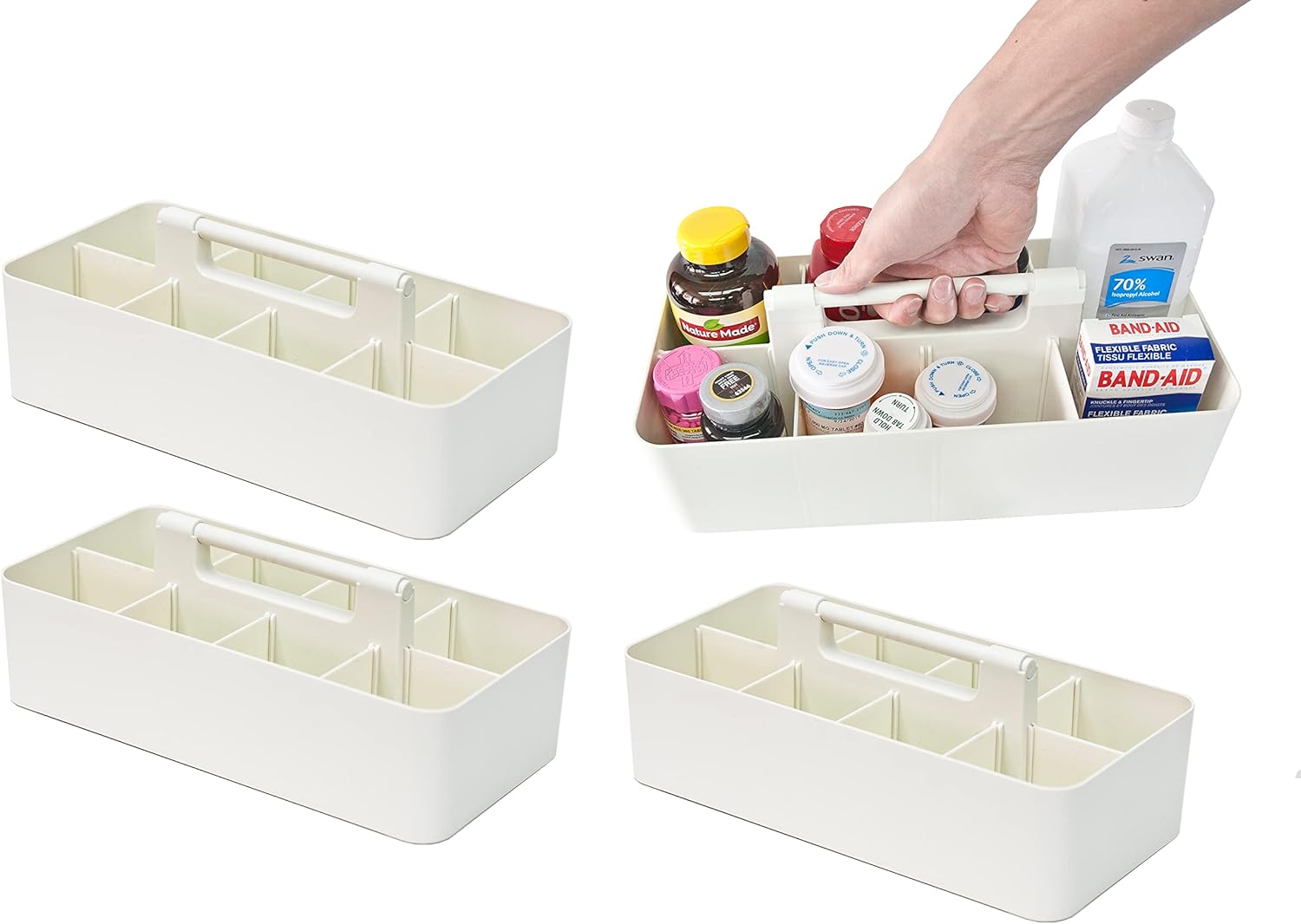 -Large Portable Caddy, DIY Dividers, 8 Compartments, School Office Supplies Home Business Organizer,Portable Basket with Handle Storage Organizer Modern Made in USA (4 PACK, Ivory)