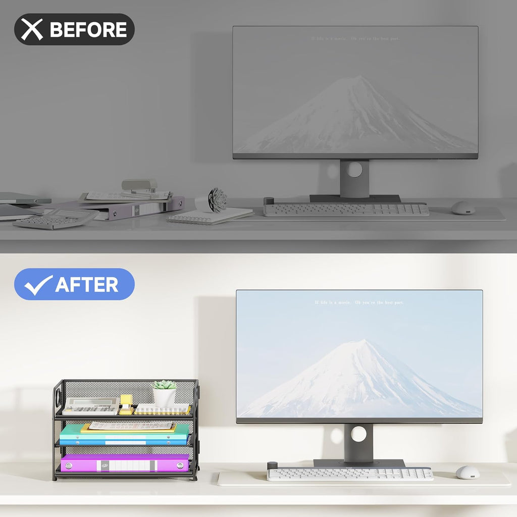 3 Tier Paper Organizer with Handle, Metal Desk Organizer Mesh Paper Letter Tray Desktop File Folder Document Sorter for Classroom, School, Office Accessories Organization and Storage - Black