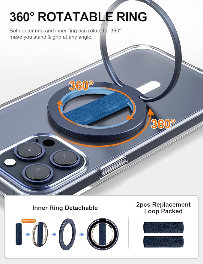 EWA MagOne Ultra Phone Grip Stand with Replaceable Elastic Finger Loop, Removable Magnetic Ring Holder Kickstand Loop, Double-Sided Magnetic Accessories for iPhone 16, 15, 14, 13 Pro/Max/Plus-Blue