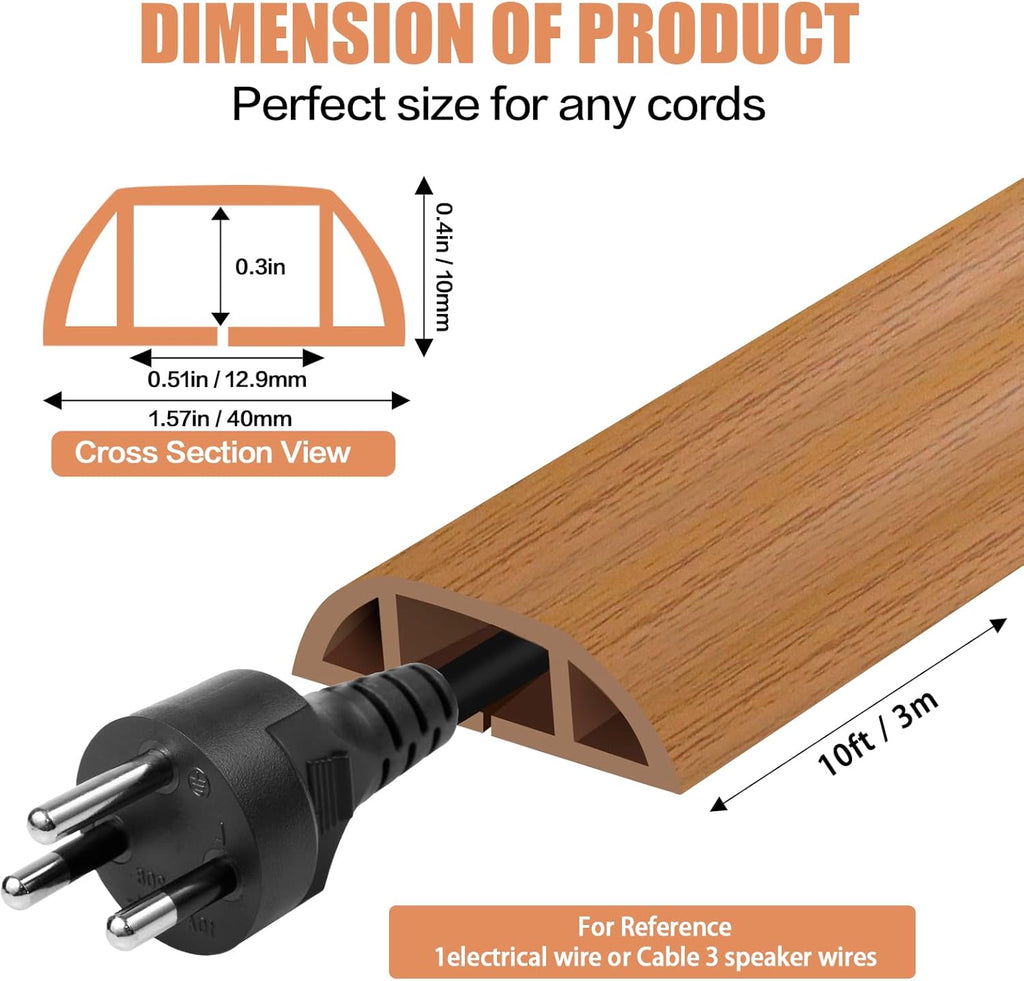 Floor Cord Cover Self Adhesive Cord Hider,10FT Cable Management, Extension Strip Protector for Wires, Prevent Cable Trips for Offices, Gyms, Exhibitions Cavity:0.51"(W) x 0.3"(H) Brown Wood