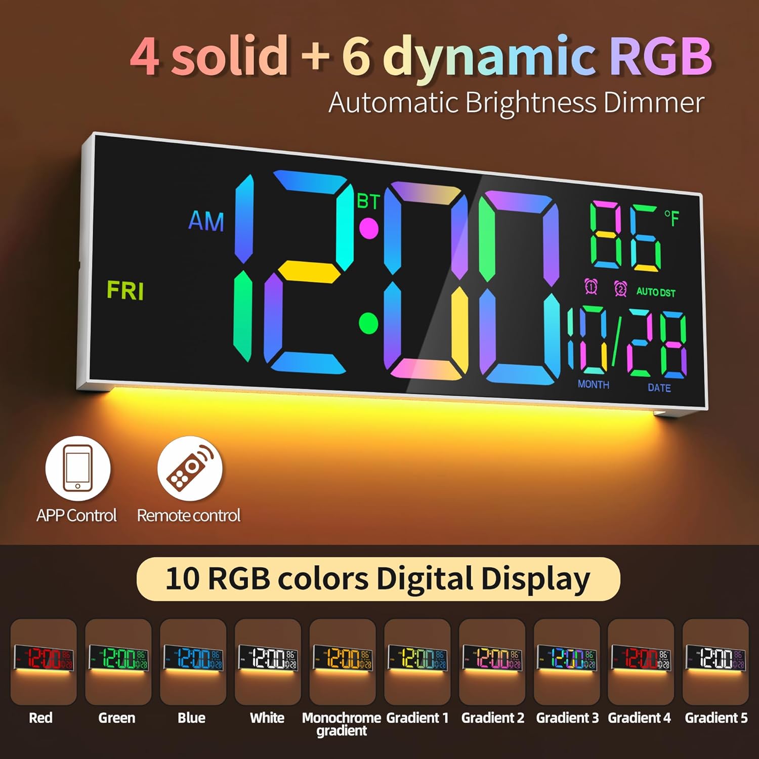 16.5" Large LED Wall Clock with Bluetooth Sync, Night Light, DST, 2 Alarms, RGB Color, Temperature, Remote Control, 12/24H, Timer for Living Room, Bedroom, Desk, Gift for Mother Father Elderly